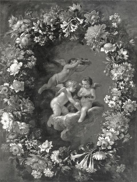 A. C. Cooper — Nuzzi Mario (Mario de' Fiori); Lauri Filippo - sec. XVII - Ghirlanda di fiori con amorini che reggono nidi di uccelli — insieme